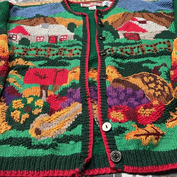 Colorful Farmhouse Scene Sweater Vintage 80โs Hand Knit Cardigan Bay - Picture 7 of 11